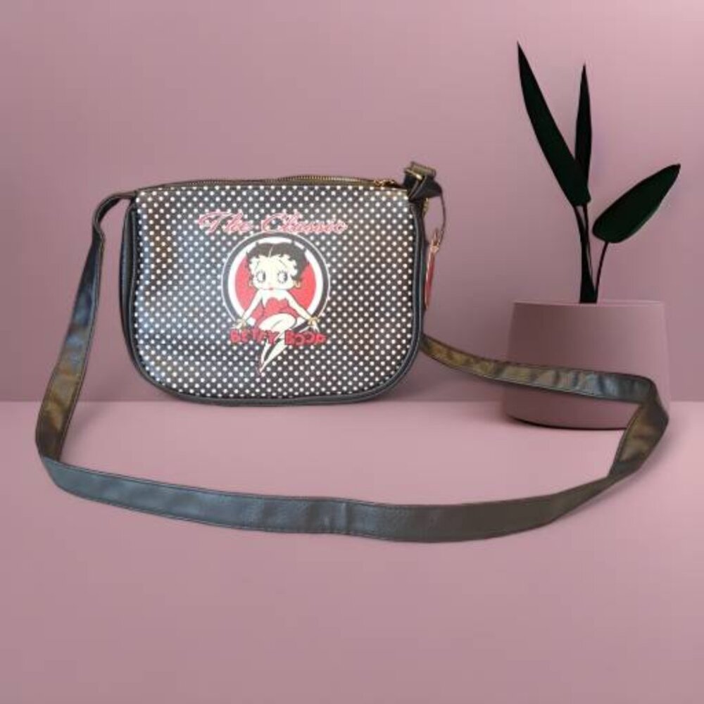 Betty Boop Polka‎ Dot Shoulder Bag Black Faux Leather Cartoon Handbag